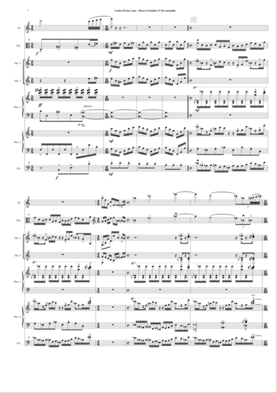 Carlos Perón Cano: Musica pendular IV for flute, viola, two guitars, two pianos and contrabass Small Ensemble scores gallery preview page 6