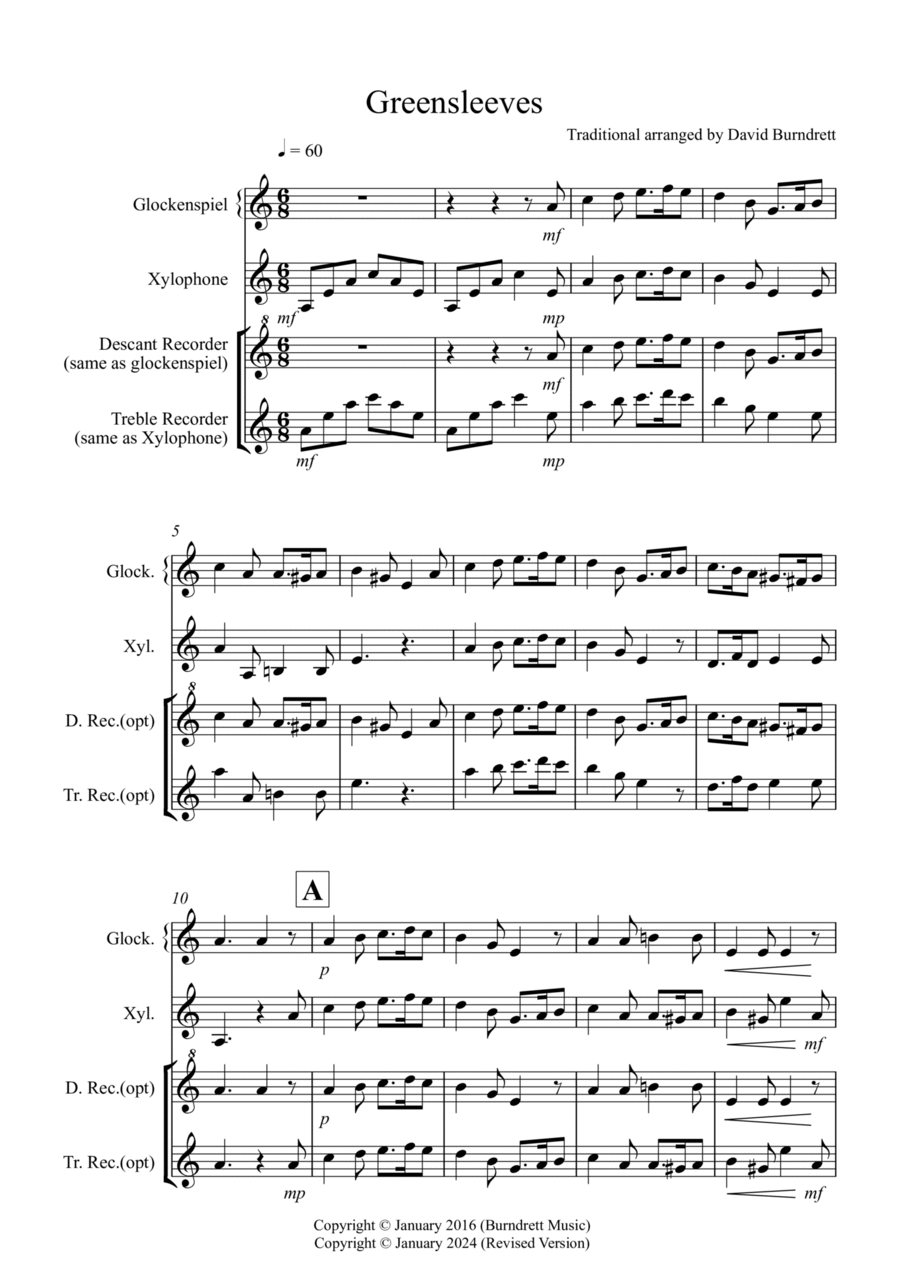 Greensleeves for Glockenspiel and Xylophone Duet Glockenspiel scores gallery preview page 1