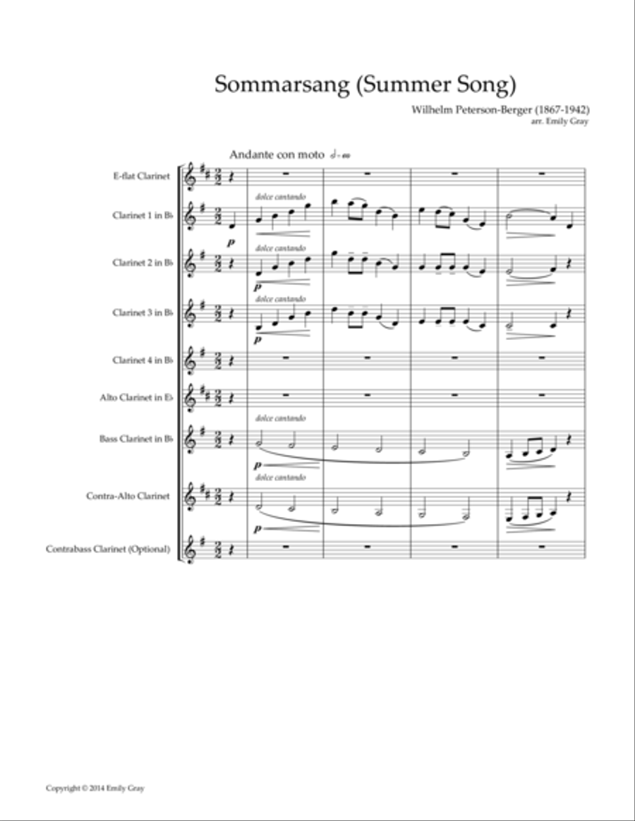 Sommarsang (Summer Song) for Clarinet Choir (Score) Clarinet Choir scores gallery preview page 1