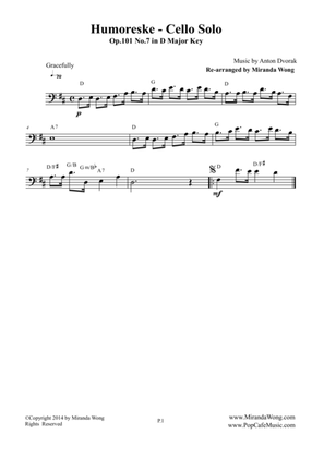 Humoreske Op.101 No.7 - Lead Sheet for Cello Solo (Bass Clef)