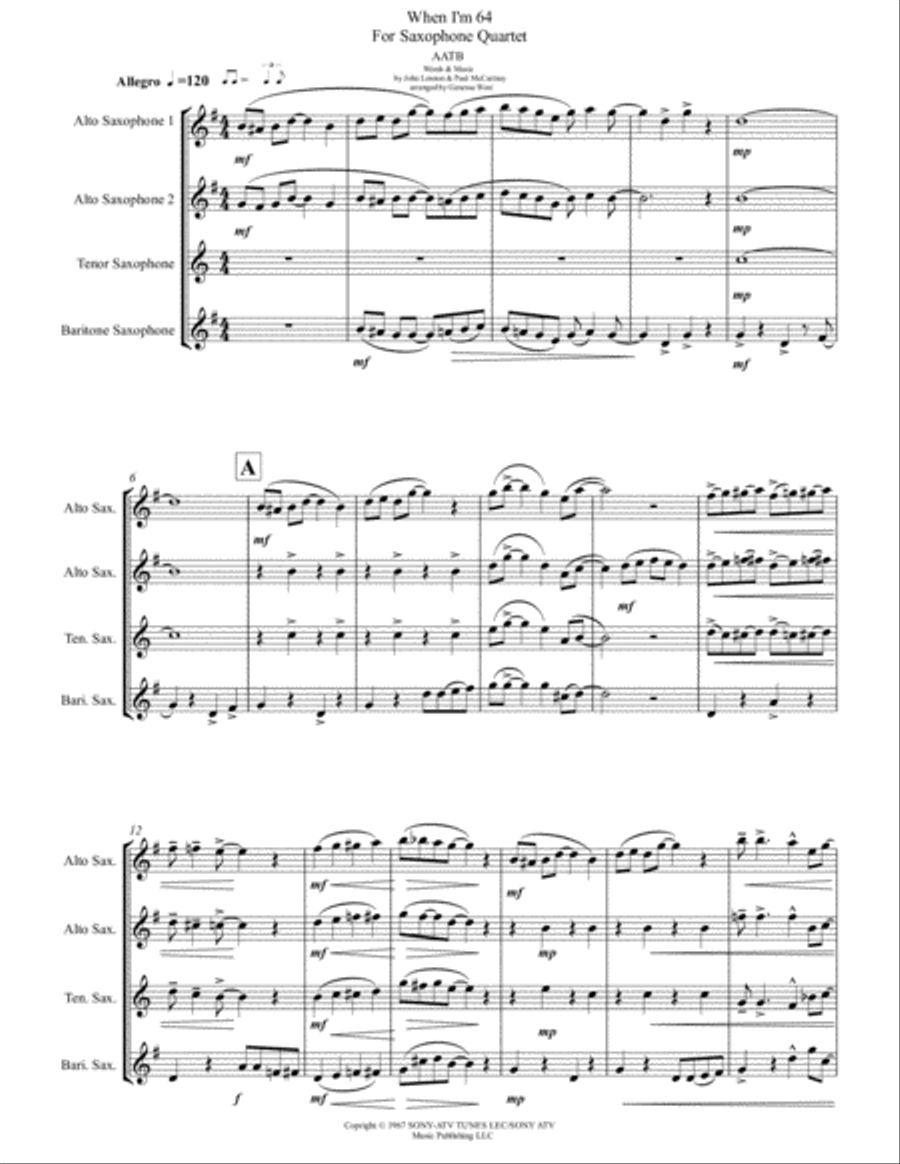 When I'm Sixty-four Saxophone Quartet scores gallery preview page 2
