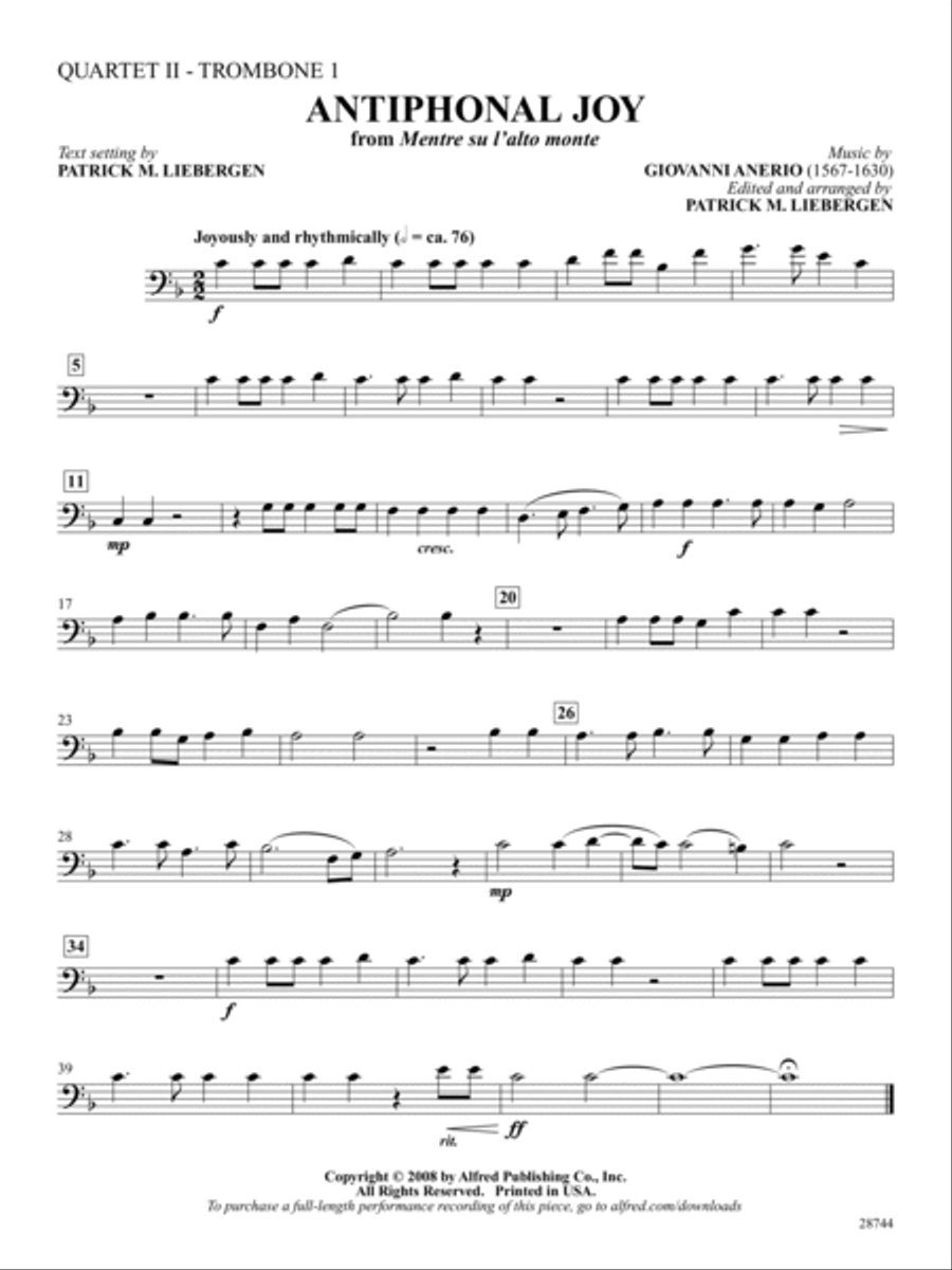 Antiphonal Joy (from Mentre su l'alto monte): 2nd Trombone Trombone scores gallery preview page 1