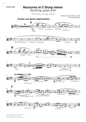 Nocturne No.20 in C Sharp minor - Viola Solo, Strings and Piano (Individual Parts)