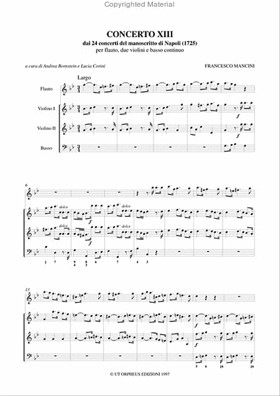 Concerto No. 13 from the 24 Concertos in the Naples manuscript (1725) for Treble Recorder (Flute), 2 Violins and Continuo Flute scores gallery preview page 2
