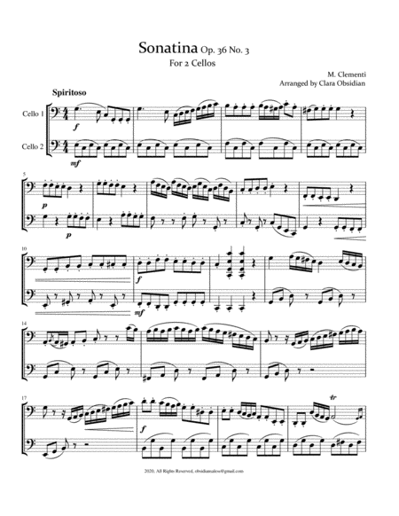 Clementi: Sonatina Op. 36 No. 3 (Complete) Arr for 2 Cellos [Solo and Accompaniment] image number null