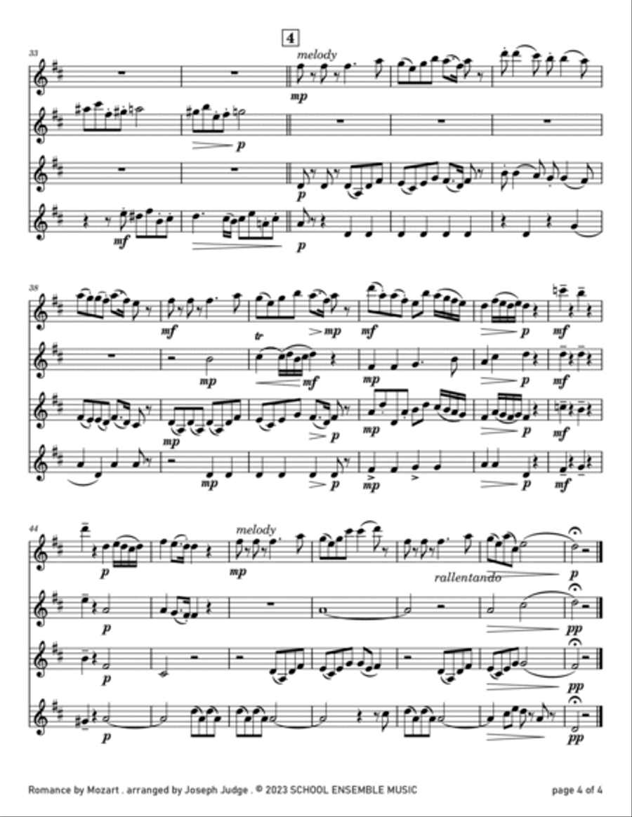 Romance by Mozart for Clarinet Quartet in Schools Clarinet Quartet scores gallery preview page 4