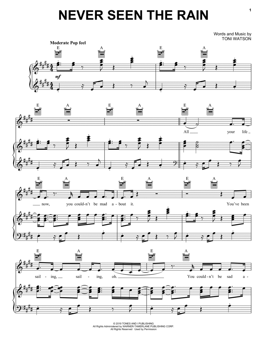 Never Seen The Rain Piano, Vocal, Guitar scores gallery preview page 1