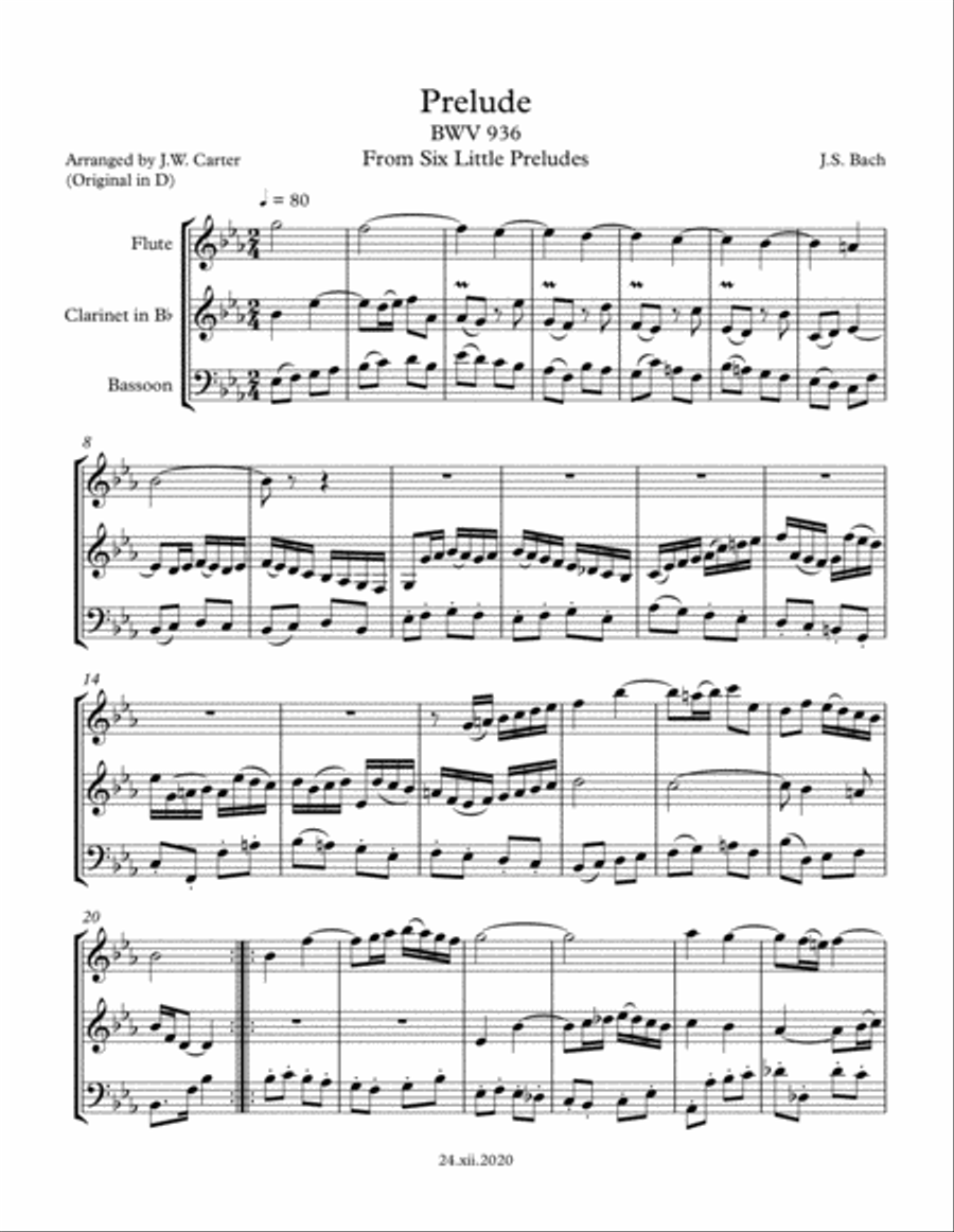 Prelude, BWV 936, By J.S. Bach, arranged for Flute, Clarinet & Bassoon Small Ensemble scores gallery preview page 2