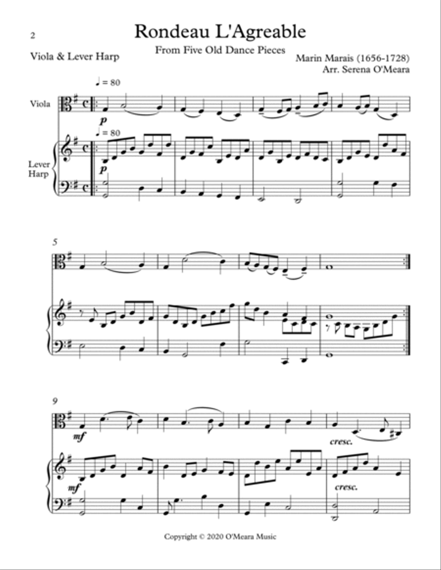 Rondeau L’Agreable, Duet for Viola & Lever Harp String Duet scores gallery preview page 2