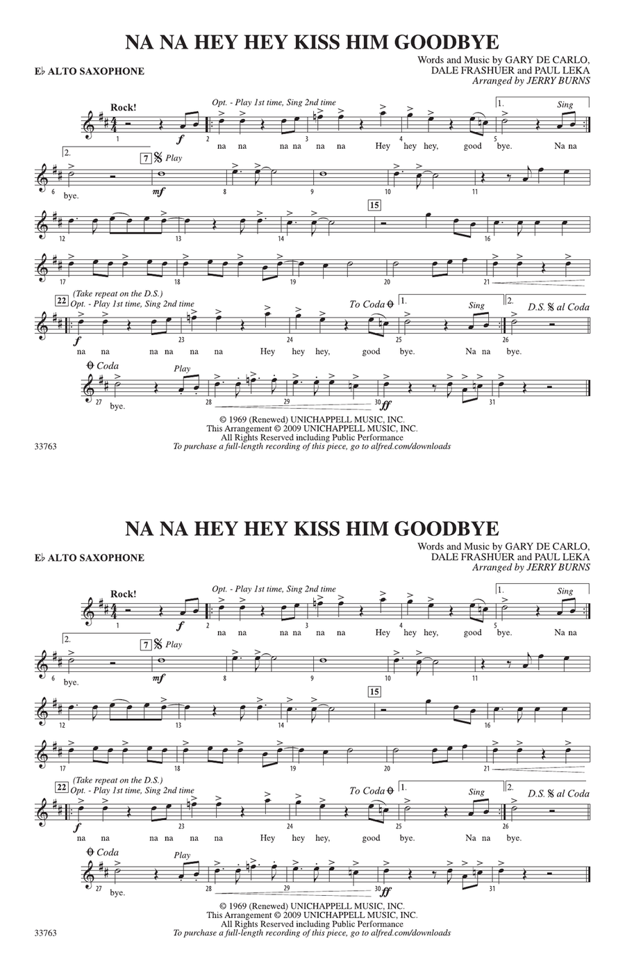 Na Na Hey Hey Kiss Him Goodbye: E-flat Alto Saxophone