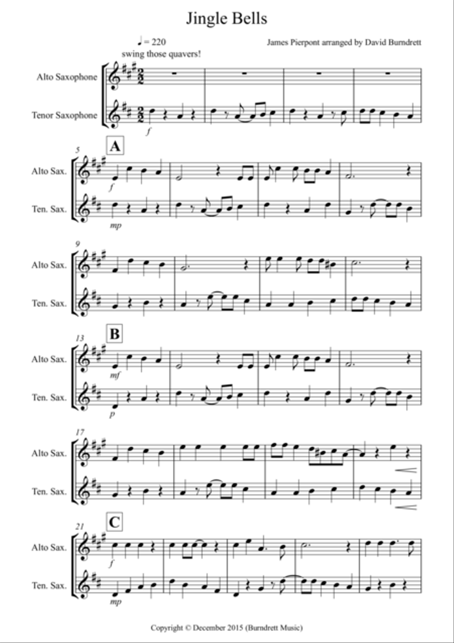 Jingle Bells (Jazzy Style!) for Alto and Tenor Saxophone Duet Woodwind Duet scores gallery preview page 1