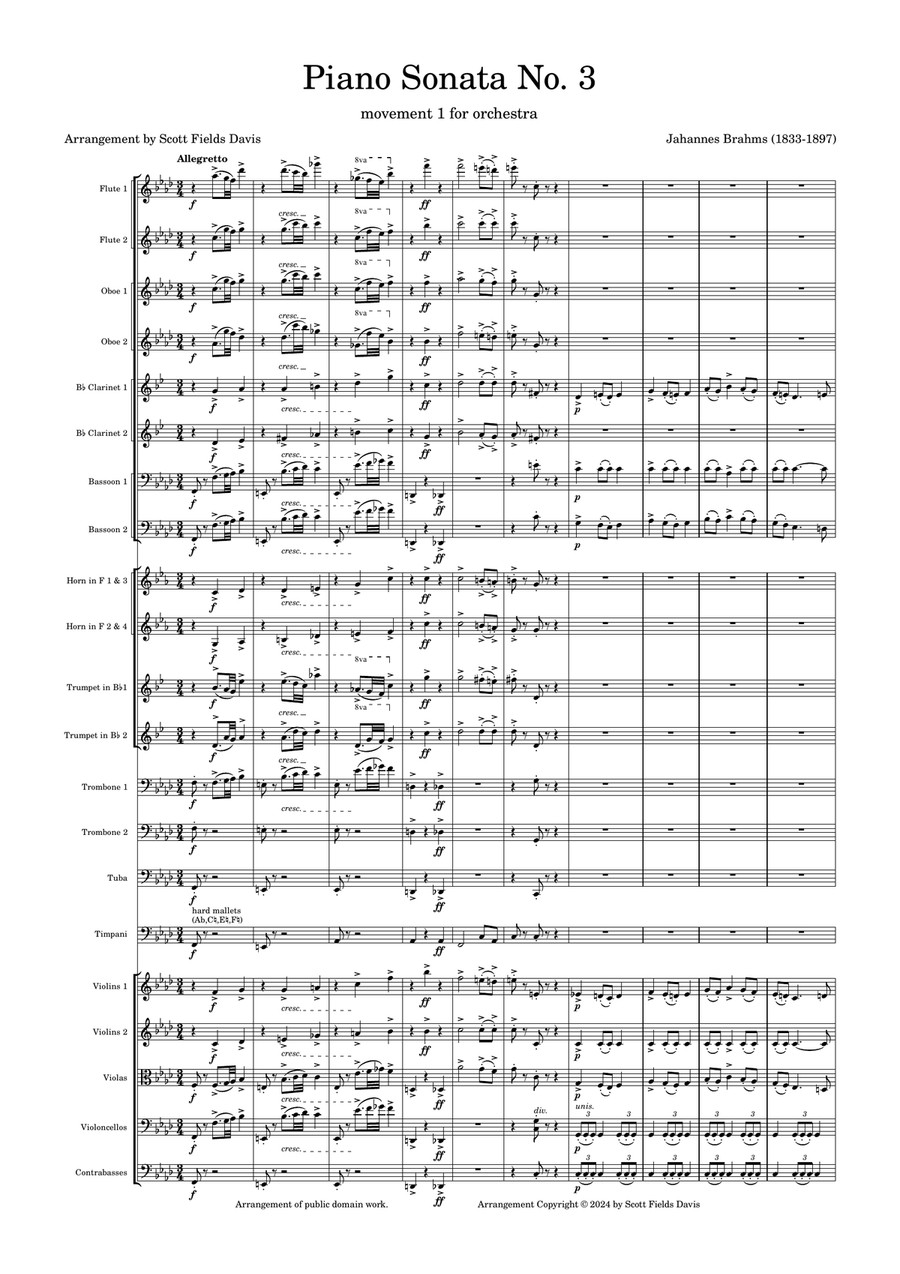 Johannes Brahms piano sonata No. 3, movement 1 for Orchestra Full Orchestra scores gallery preview page 1