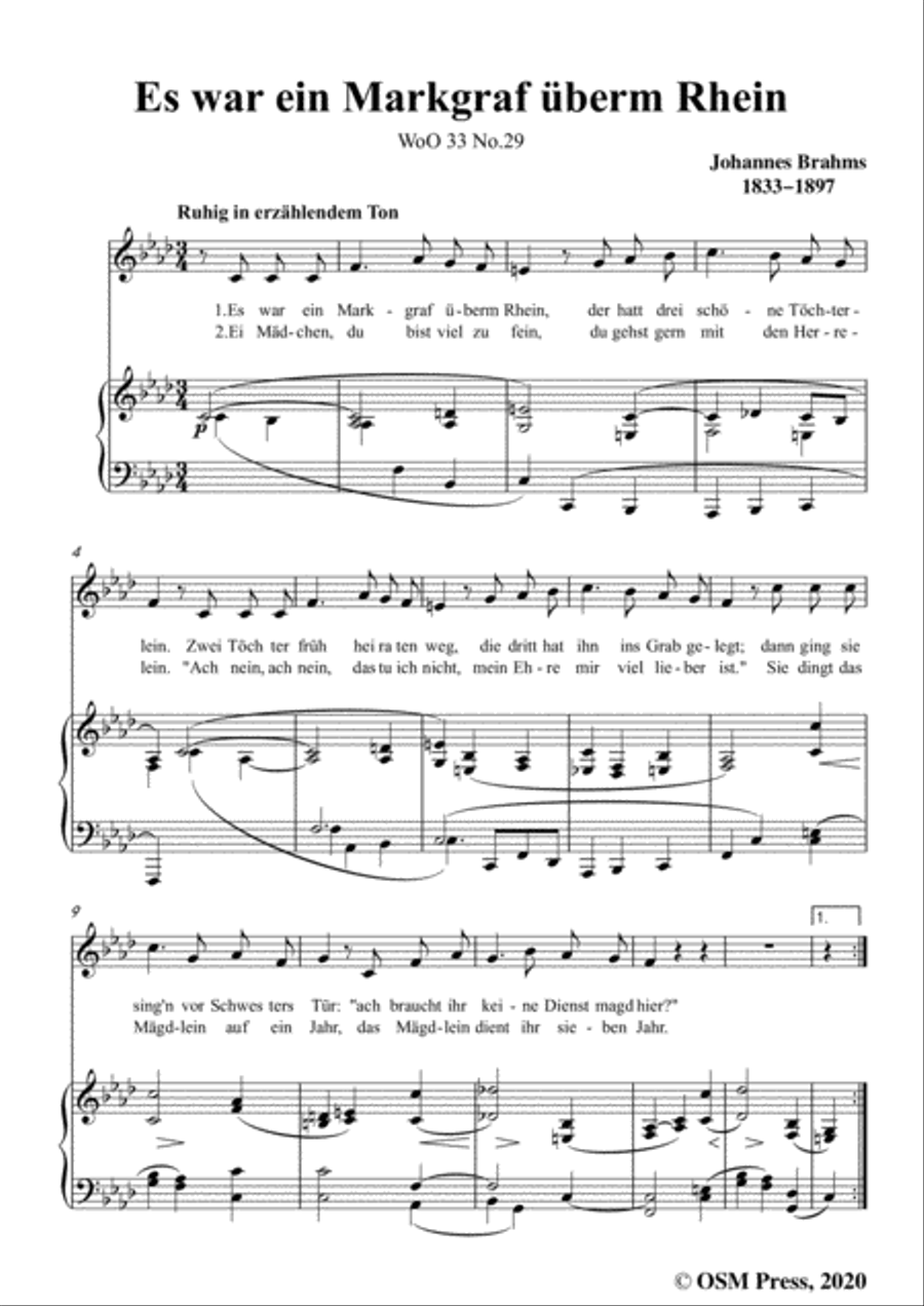 Brahms-Es war ein Markgraf überm Rhein,WoO 33 No.29,in f minor,for Voice&Pno Voice scores gallery preview page 3