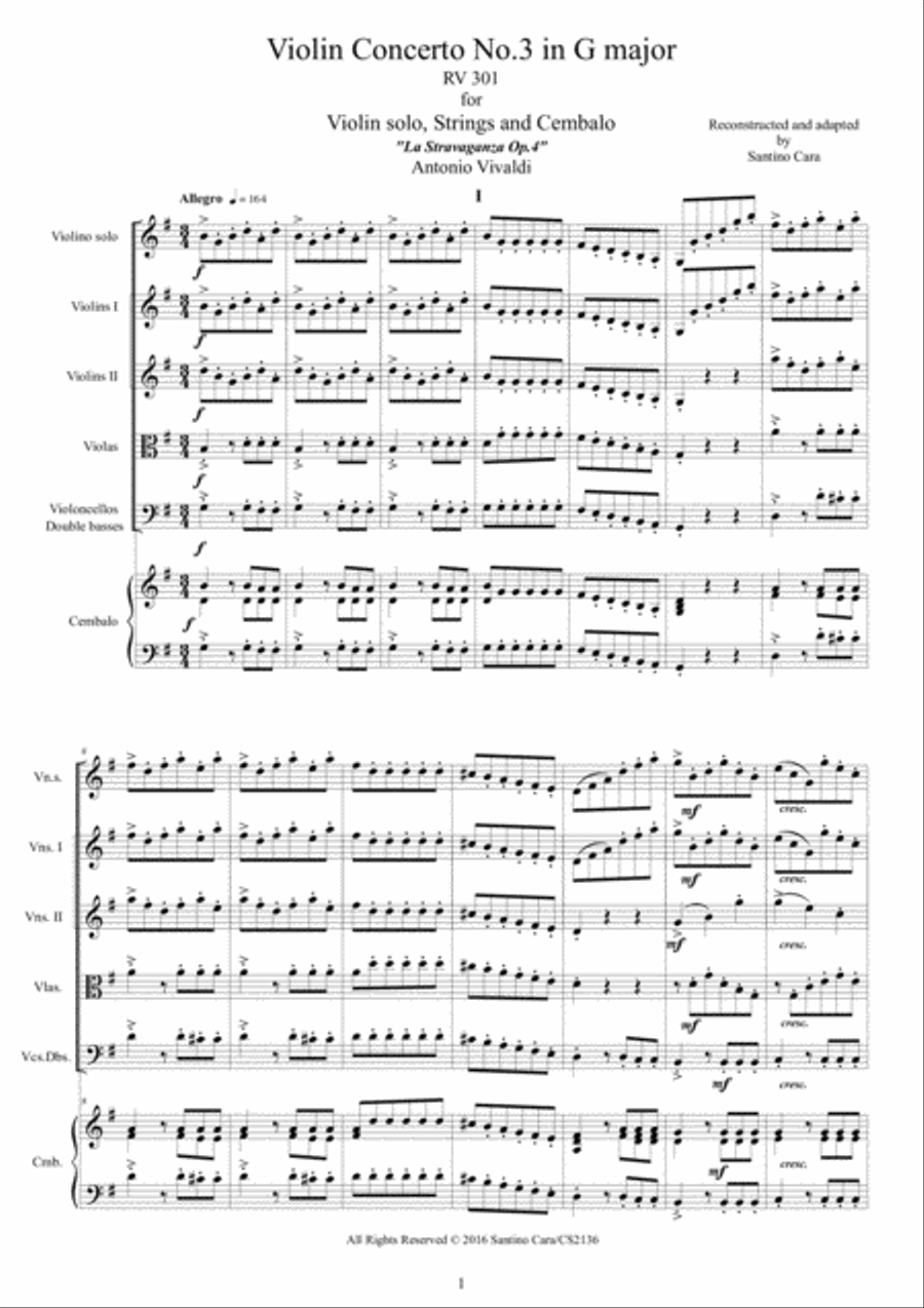 Vivaldi - Violin Concerto No.3 in G major Op.4 RV 301 for Violin solo, Strings and Cembalo Chamber Orchestra scores gallery preview page 1