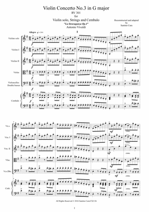 Book cover for Vivaldi - Violin Concerto No.3 in G major Op.4 RV 301 for Violin solo, Strings and Cembalo
