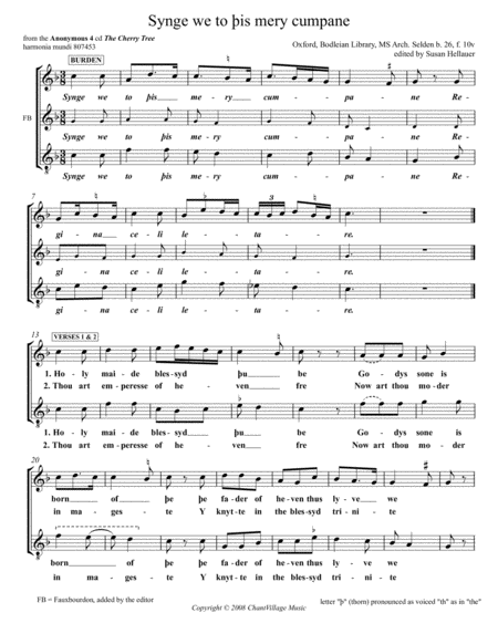 Carol: Synge we to this merry cumpane, from Anonymous 4: "The Cherry Tree" - Score Only