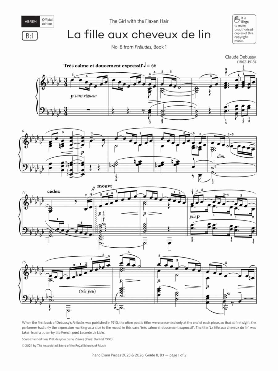 La fille aux cheveux de lin (Grade 8, list B1, from the ABRSM Piano Syllabus 2025 & 2026) Piano Method scores gallery preview page 1