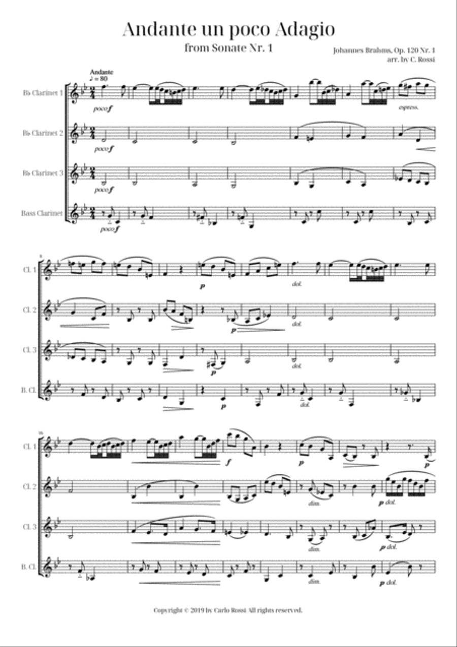 Andante Un Poco Adagio for Clarinet Quartet Clarinet Quartet scores gallery preview page 1