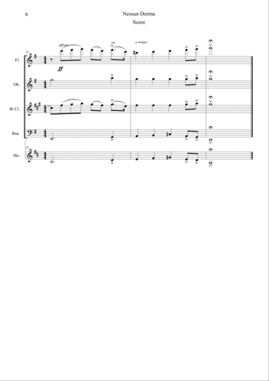 Nessun Dorma (Opera Turandot aria) Woodwind Quintet scores gallery preview page 6