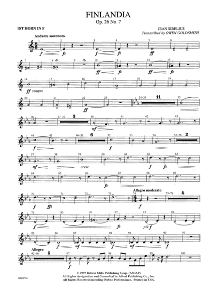 Finlandia: 1st F Horn Full Orchestra scores gallery preview page 1