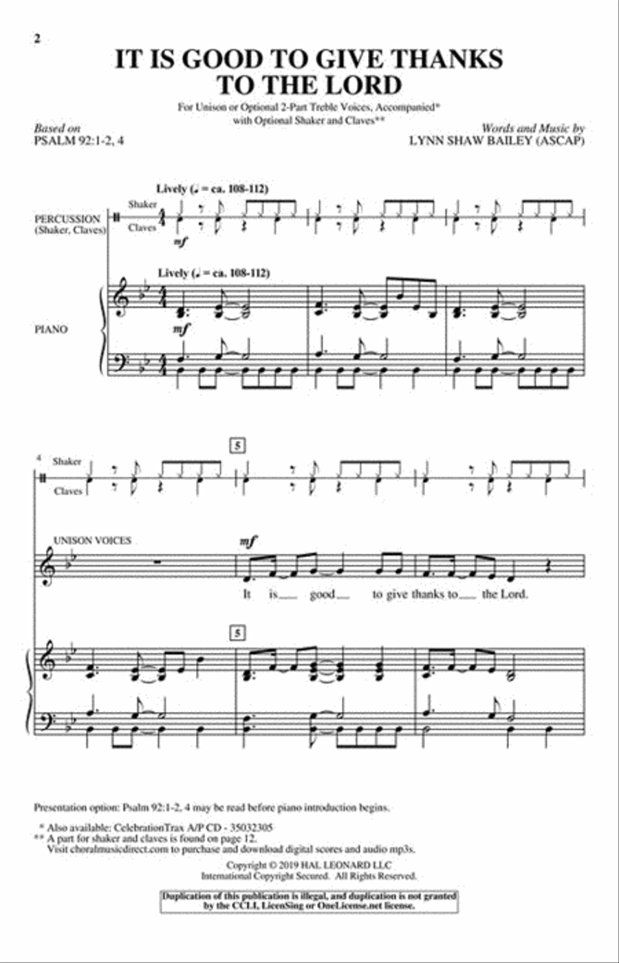 It Is Good to Give Thanks to the Lord Unison Choir scores gallery preview page 2