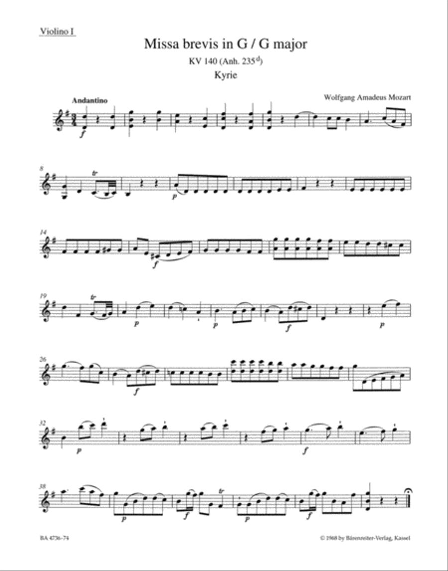 Missa brevis G major, KV 140 (Anh. 235d) Violin scores gallery preview page 1