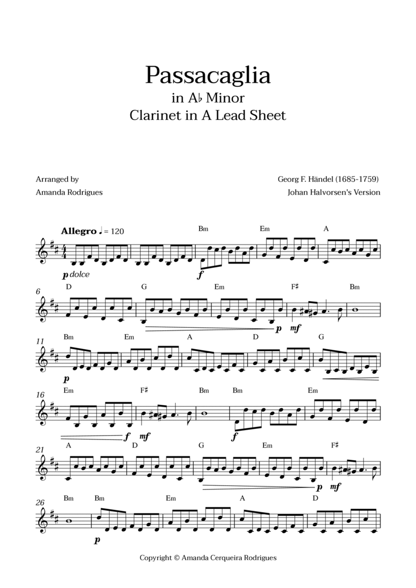 Passacaglia - Easy Clarinet in A Lead Sheet in Am Minor (Johan Halvorsen's Version) image number null