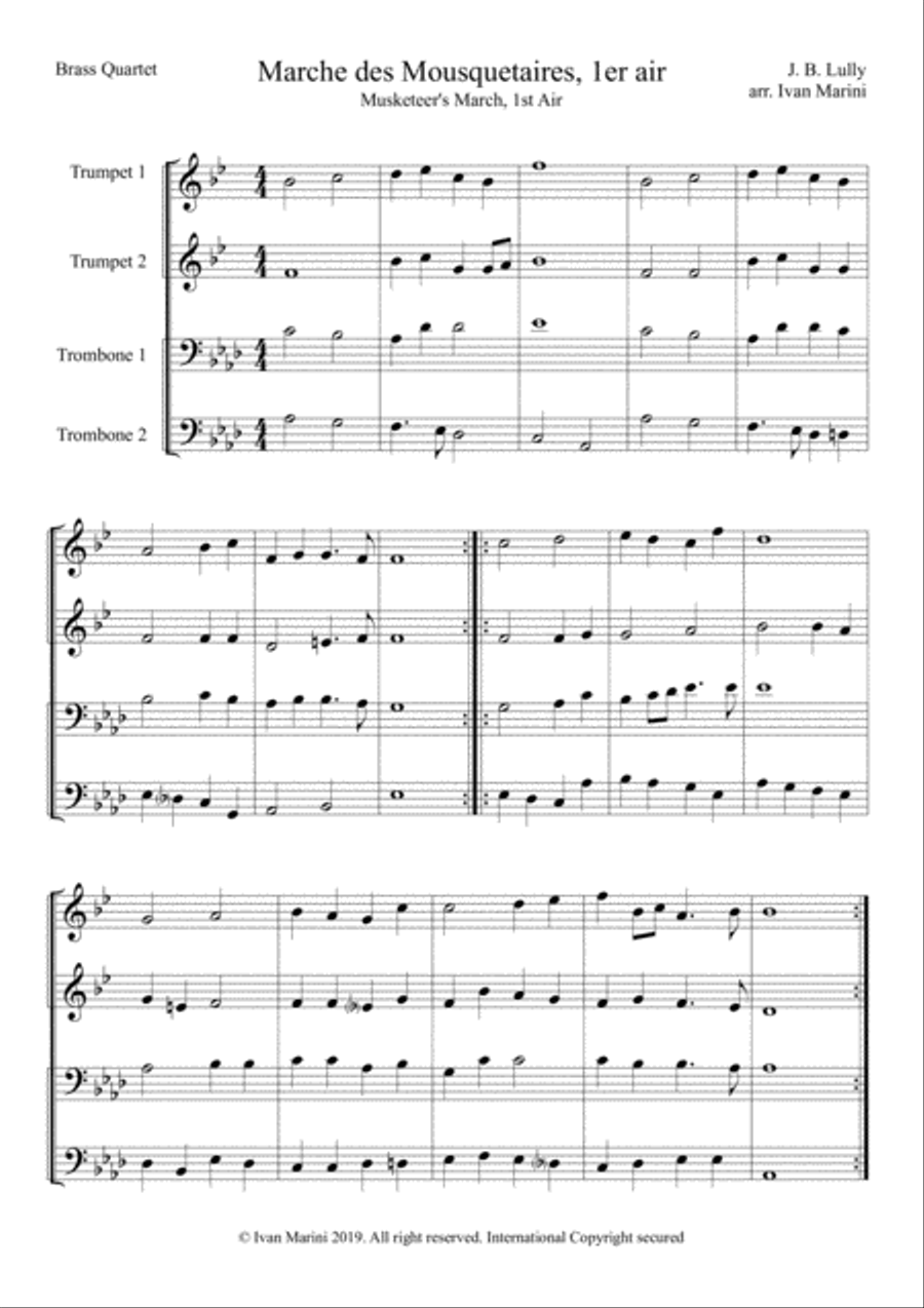 MARCHE DES MOSQUETAIRES (Musketeer's March) - by J. B. Lully - for Brass Quartet image number null