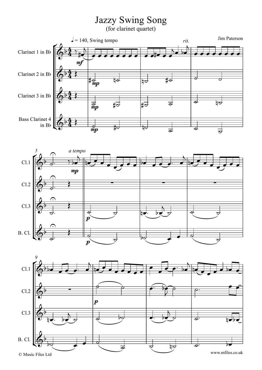 Jazzy Swing Song (for Clarinet Quartet - score & parts) Clarinet Quartet scores gallery preview page 1