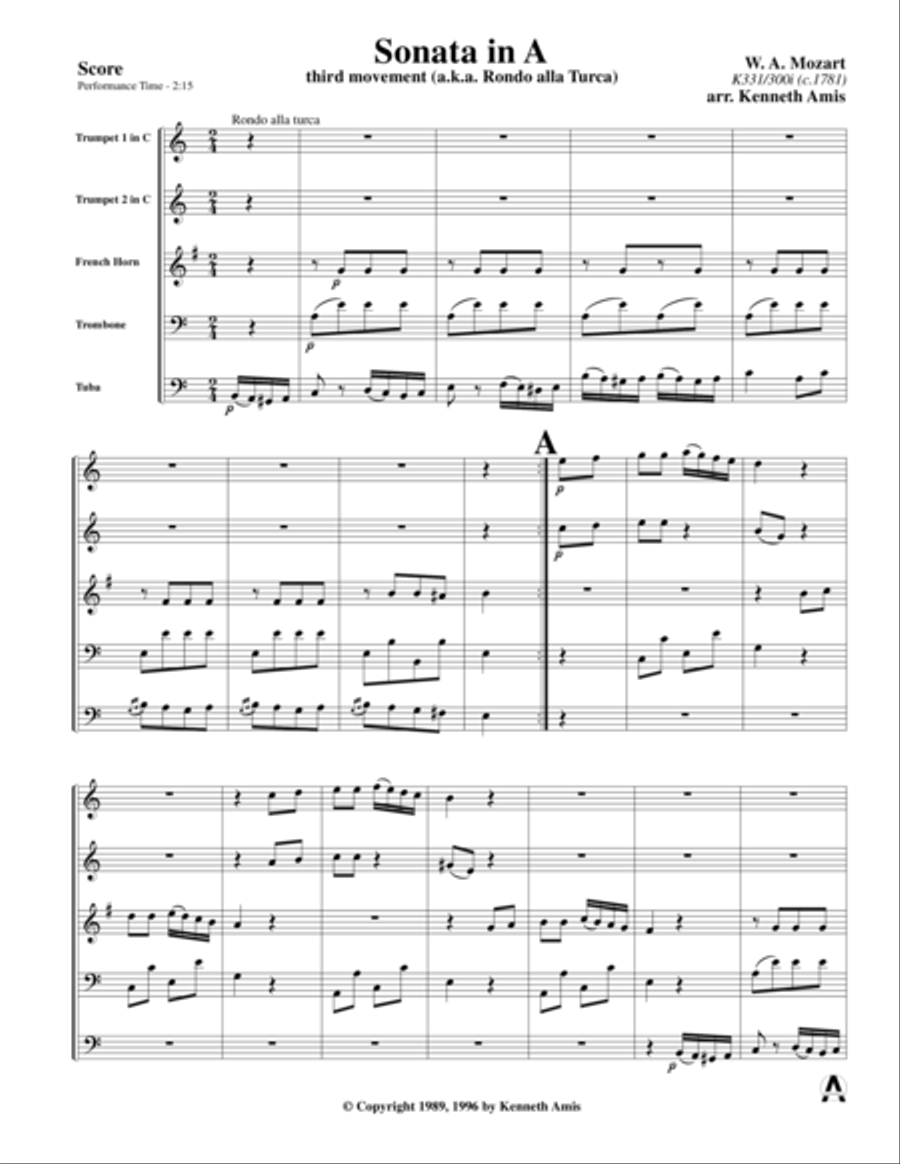 Piano Sonata in A (Third Movement --a.k.a. Turkish March) for brass quintet Horn scores gallery preview page 3