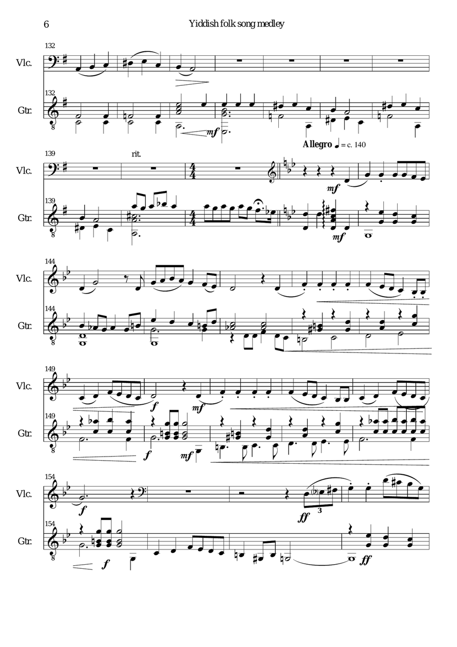 Yiddish Folk Song Medley for cello and guitar String Duet scores gallery preview page 6