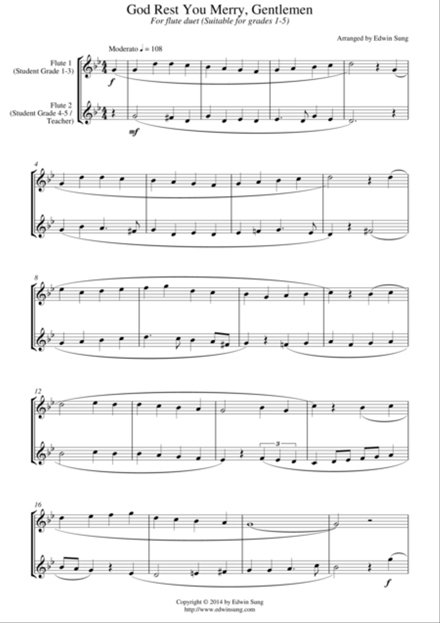 God Rest You Merry, Gentlemen (for flute duet, suitable for grades 1-5) Flute Duet scores gallery preview page 1