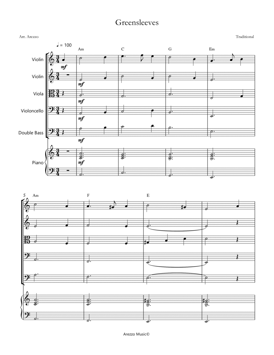 greensleeves for string quintet and piano with chords sheet music image number null