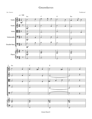 greensleeves for string quintet and piano with chords sheet music
