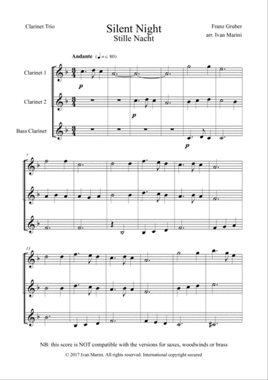 SILENT NIGHT - STILLE NACHT - for easy Clarinet Trio image number null
