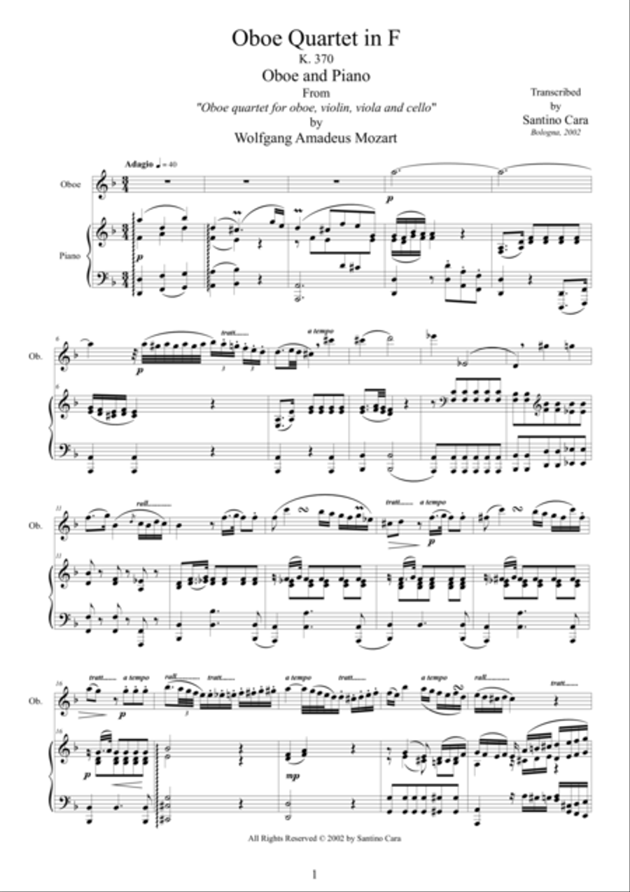 Mozart - Oboe quartet in F major K370 - 2 Adagio - Oboe and Piano Piano scores gallery preview page 1