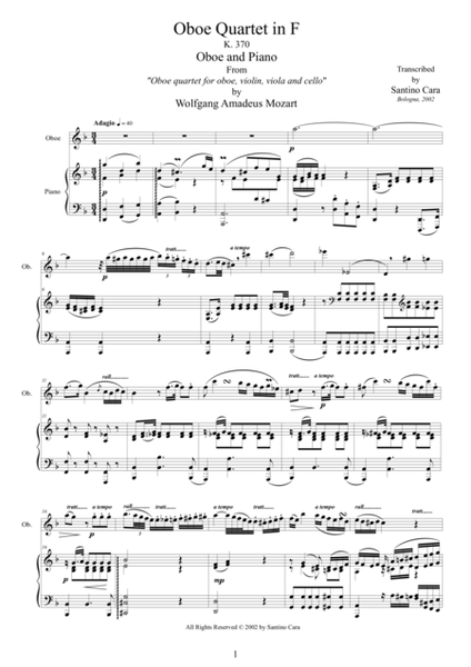 Mozart - Oboe quartet in F major K370 - 2 Adagio - Oboe and Piano image number null