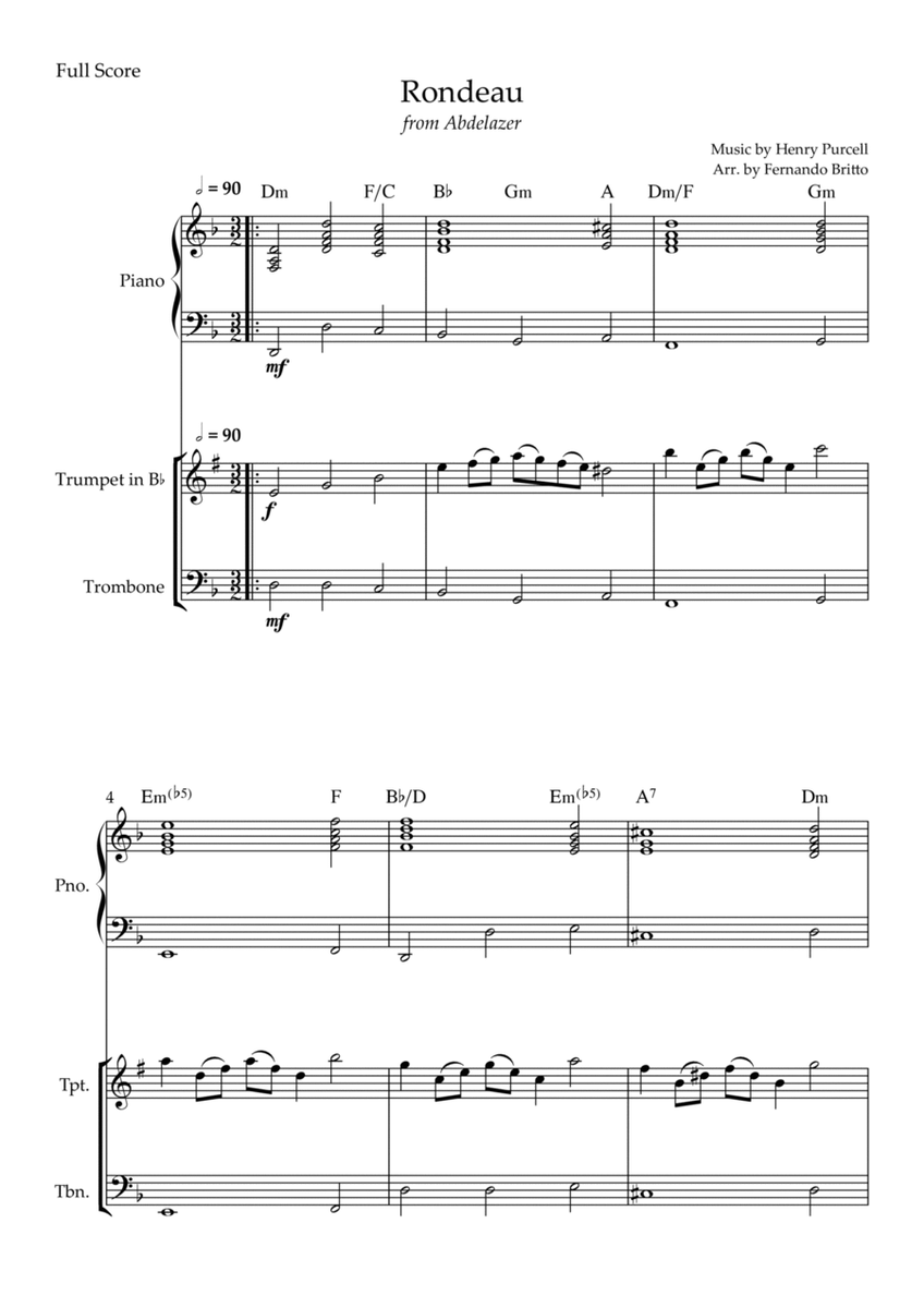 Rondeau (from Abdelazer) for Trumpet in Bb & Trombone Duo and Piano Accompaniment with Chords image number null