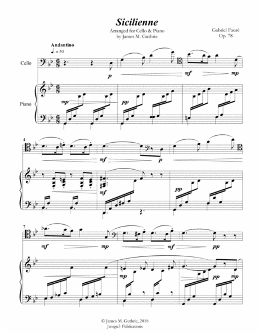Fauré: Sicilienne for Cello & Piano Piano scores gallery preview page 2