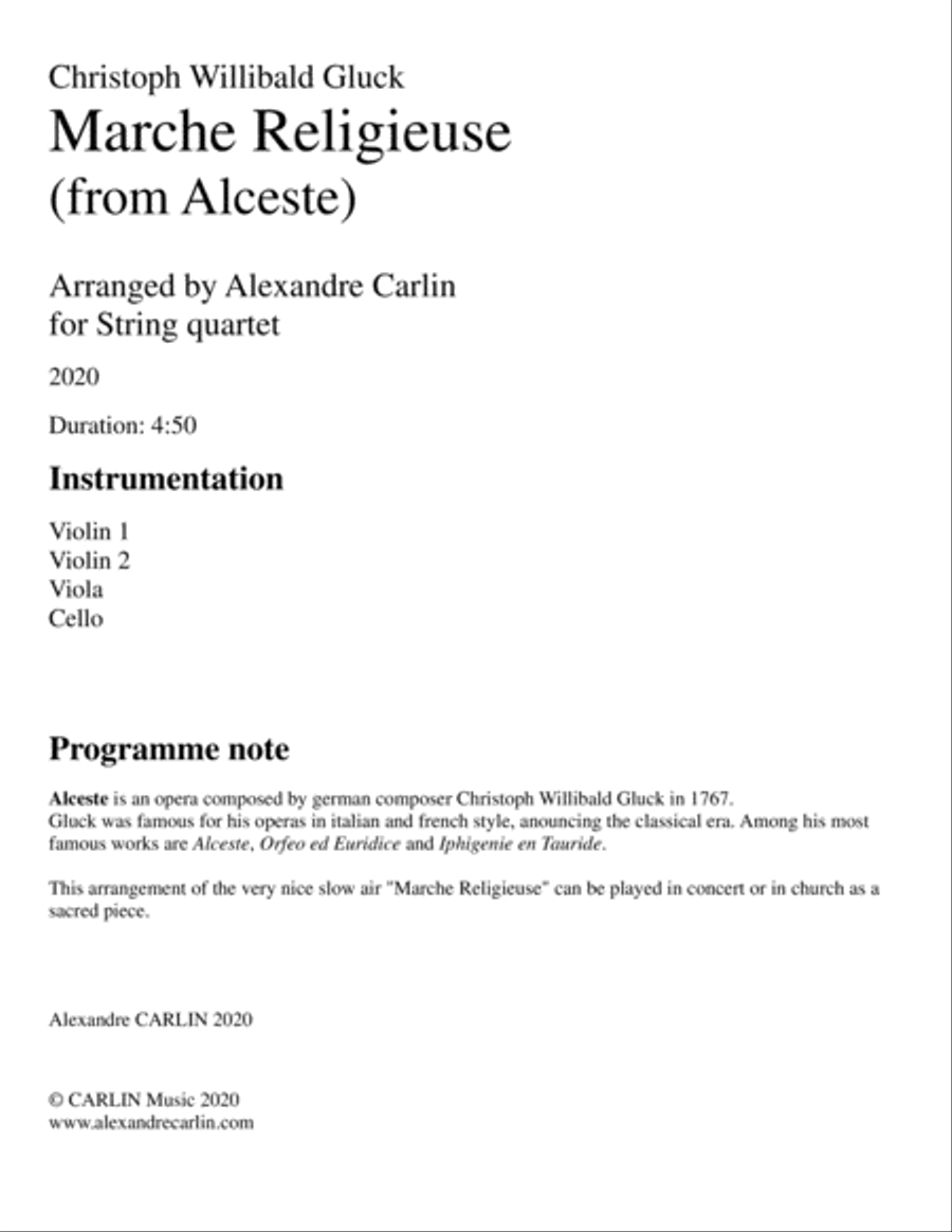 Marche Religieuse (from Alceste) by Gluck - Arranged for String Quartet String Quartet scores gallery preview page 3