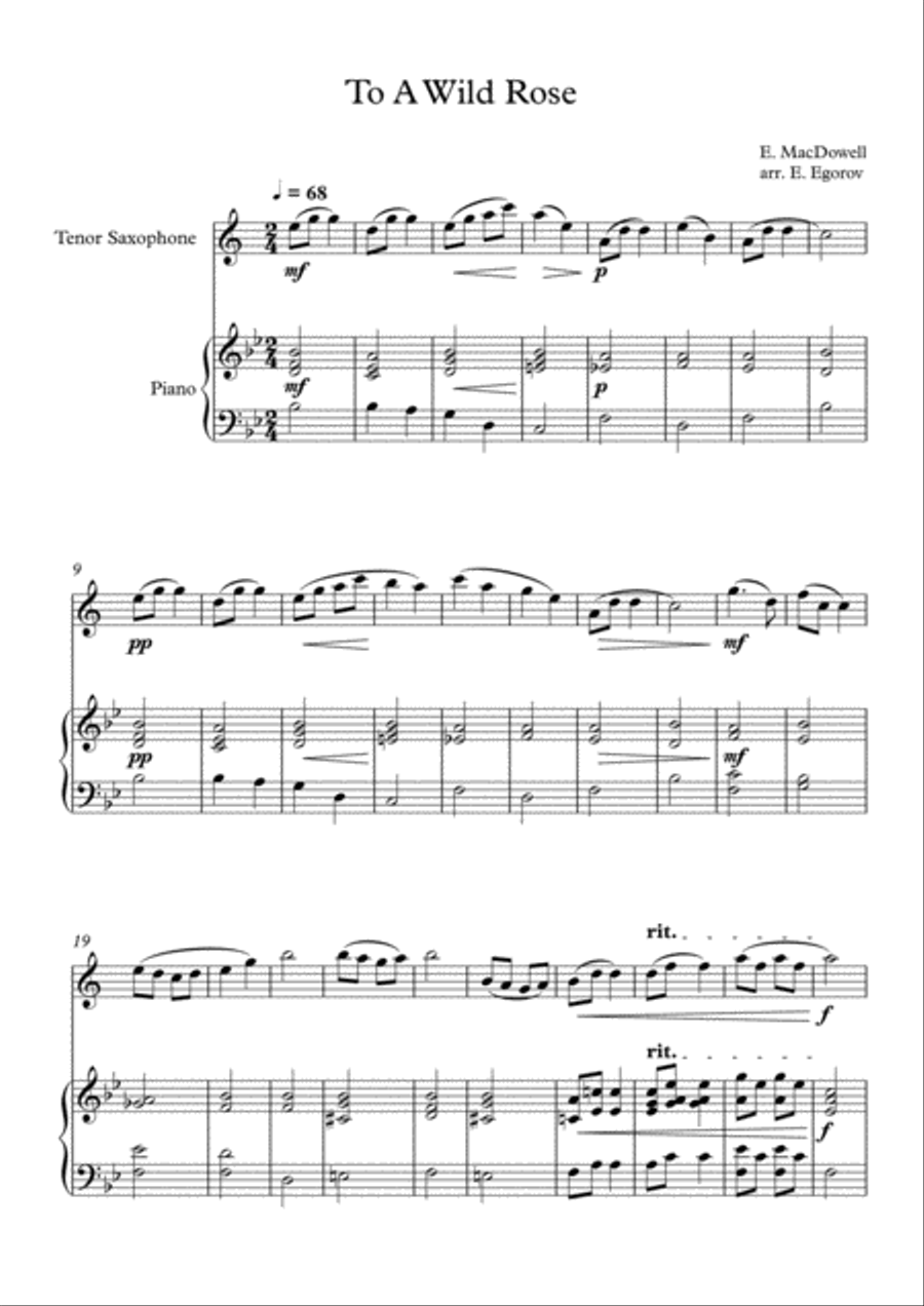 To A Wild Rose, Edward MacDowell, For Tenor Saxophone & Piano Tenor Saxophone scores gallery preview page 1