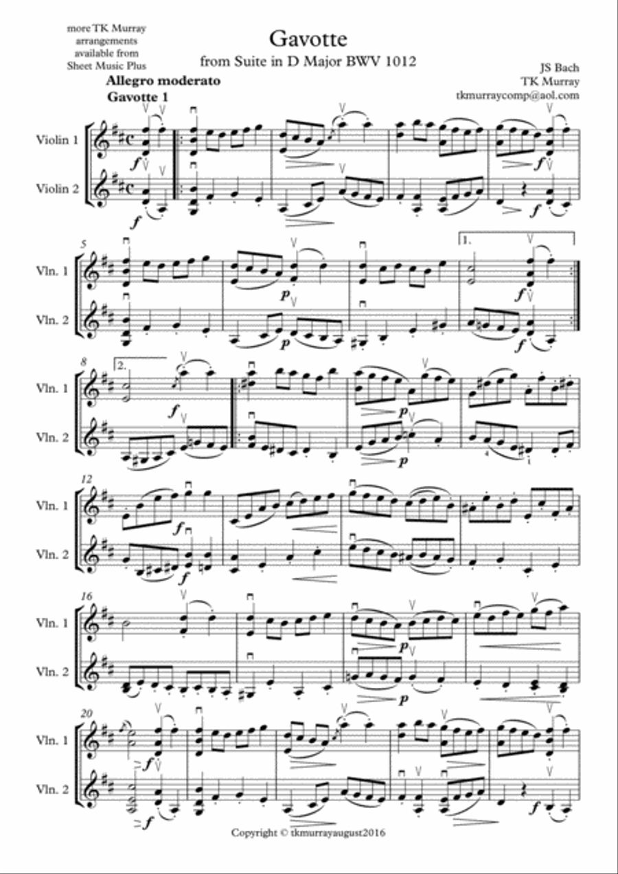 Bach - Solo Gavotte in D Major - 2nd. Violin Part - Suzuki Bk.5 Violin Solo scores gallery preview page 1