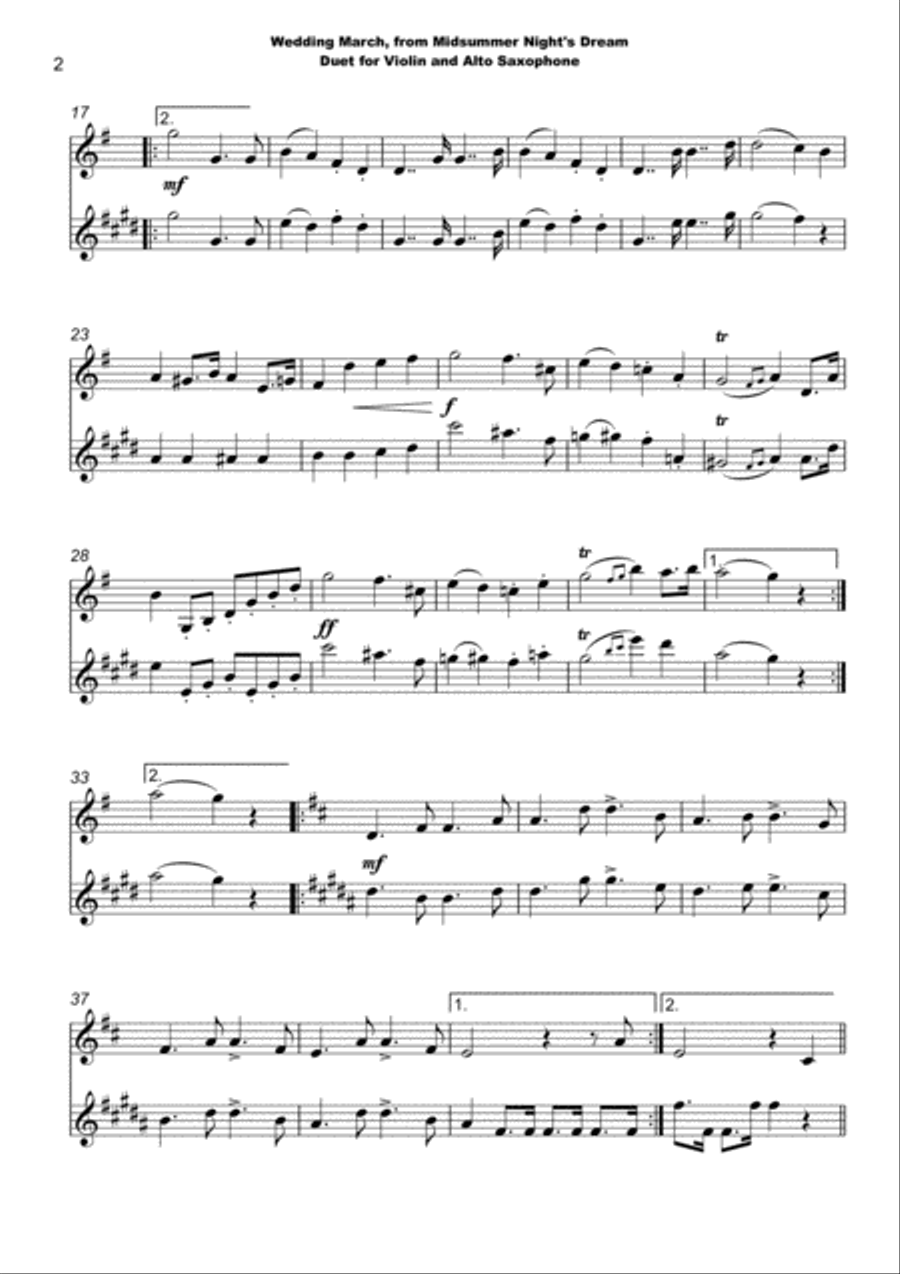 Wedding March by Mendelssohn, Violin and Alto Saxophone Duet Alto Saxophone scores gallery preview page 3