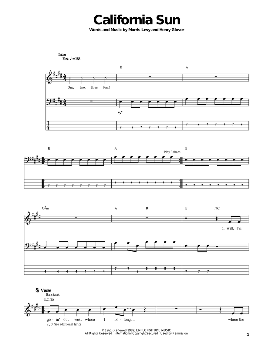California Sun Bass Guitar Tablature scores gallery preview page 1