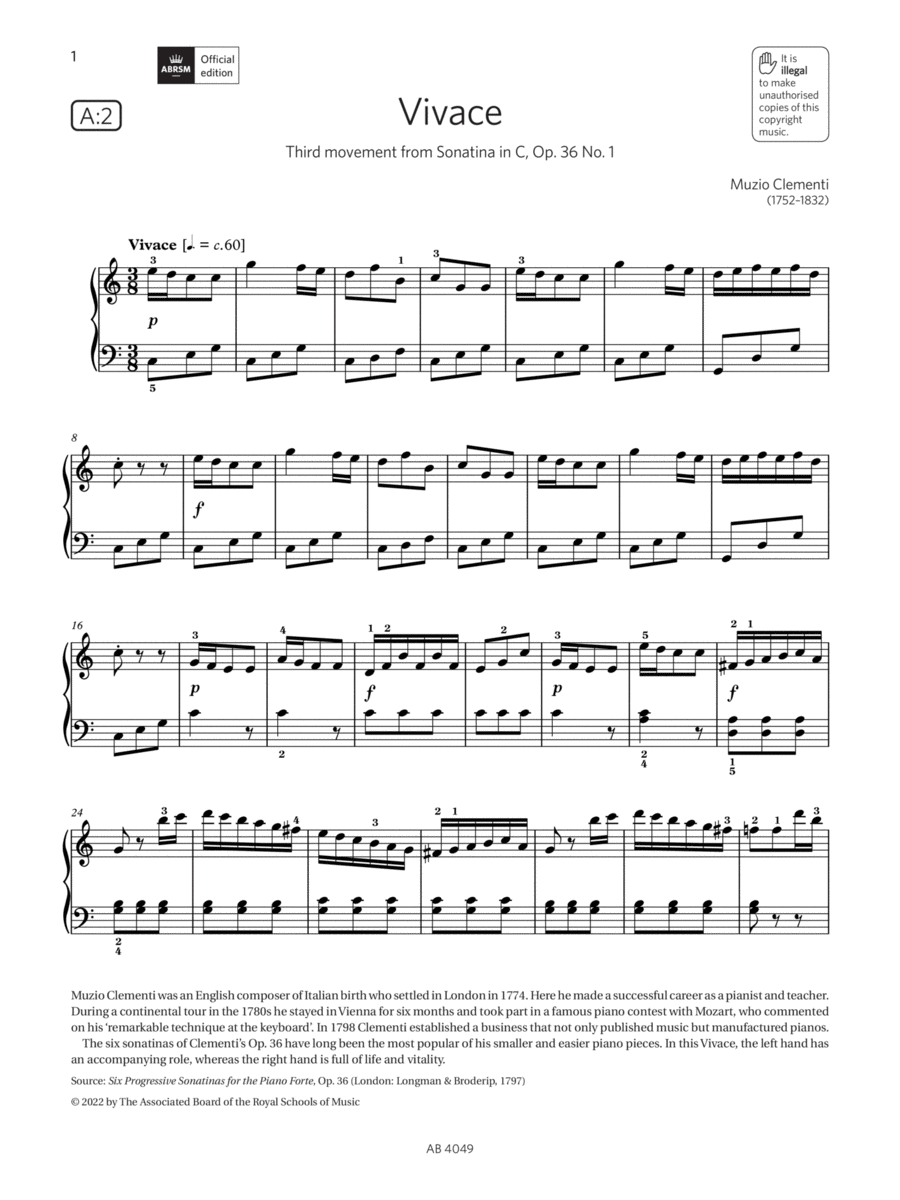 Vivace (Grade 3, list A2, from the ABRSM Piano Syllabus 2023 & 2024) Piano Method scores gallery preview page 1