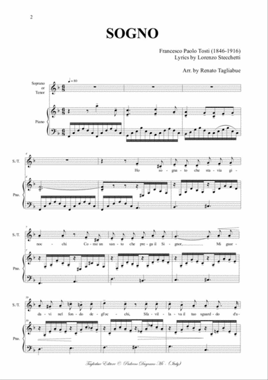 SOGNO - F.P. Tosti - Arr. for Alto or Bariton and Piano Medium Voice scores gallery preview page 2