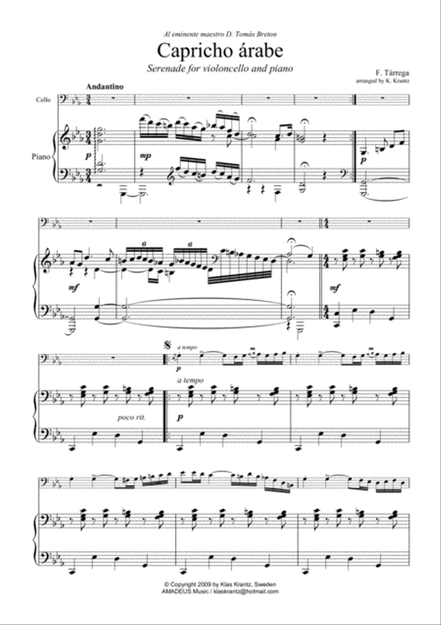 Capricho arabe/Capricho árabe for cello and piano Piano scores gallery preview page 2