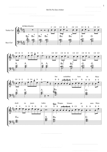Bol do na zara for piano and guitar (Sheet Music and notes in alphabets)