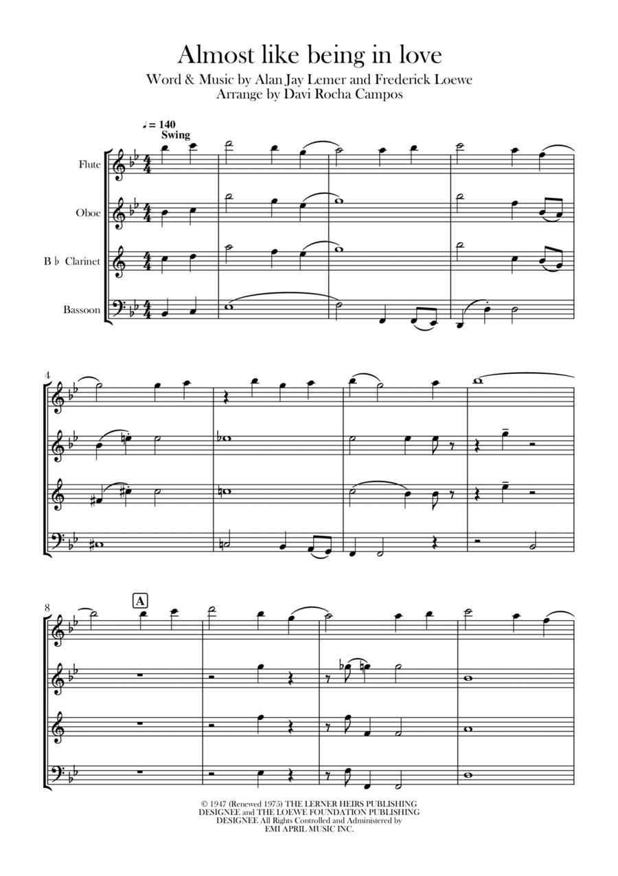 Almost Like Being In Love Woodwind Quartet scores gallery preview page 1