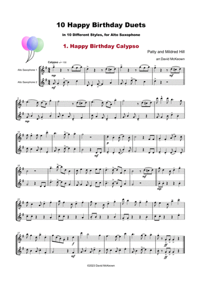 10 Happy Birthday Duets, (in 10 Different Styles), for Alto Saxophone
